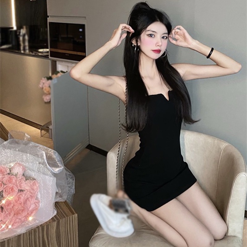 Đầm Hai Dây Cổ Chữ V Màu Sắc Trơn Phong Cách Hàn Quốc Quyến Rũ Dành Cho Nữ