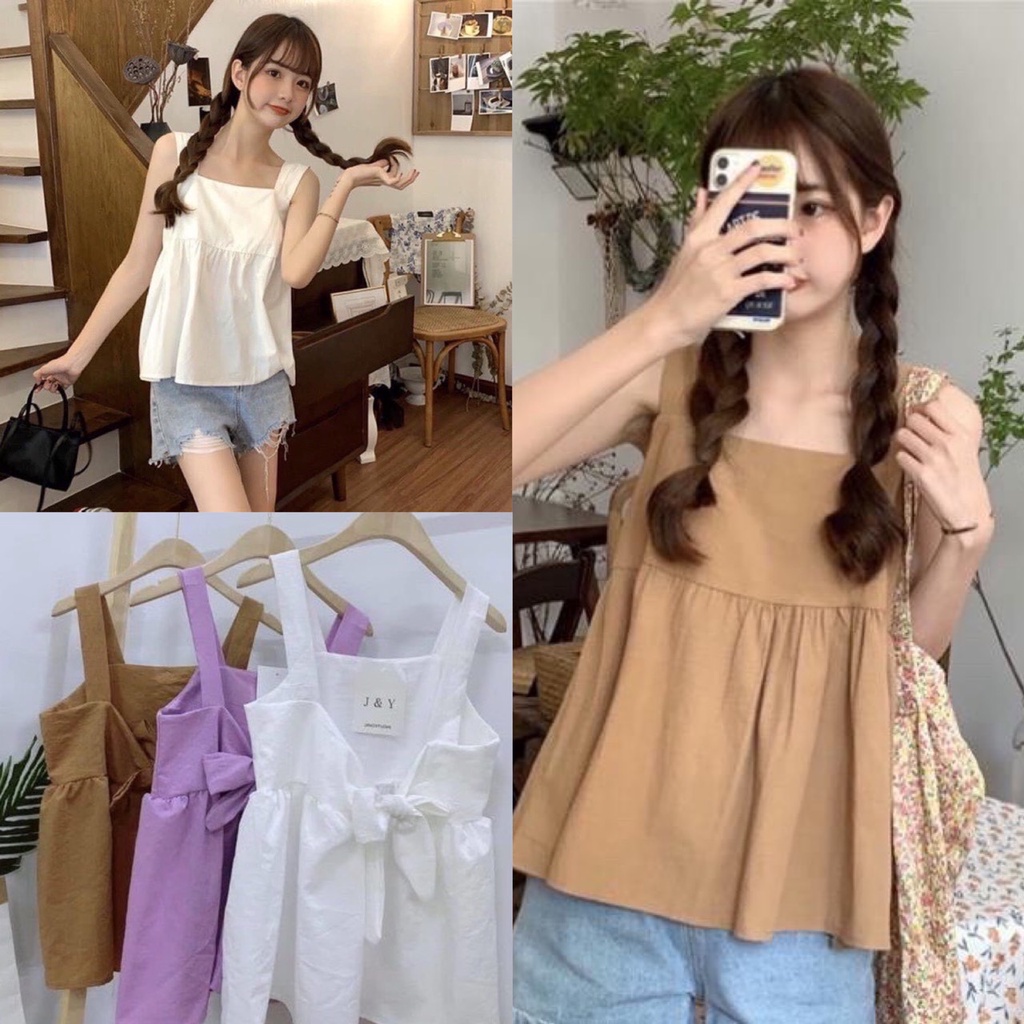 Áo 2 dây nữ LOZADO áo hai dây bản to dáng baybydoll phối nơ sau bánh bèo chất đũi lụa mát mẻ A367