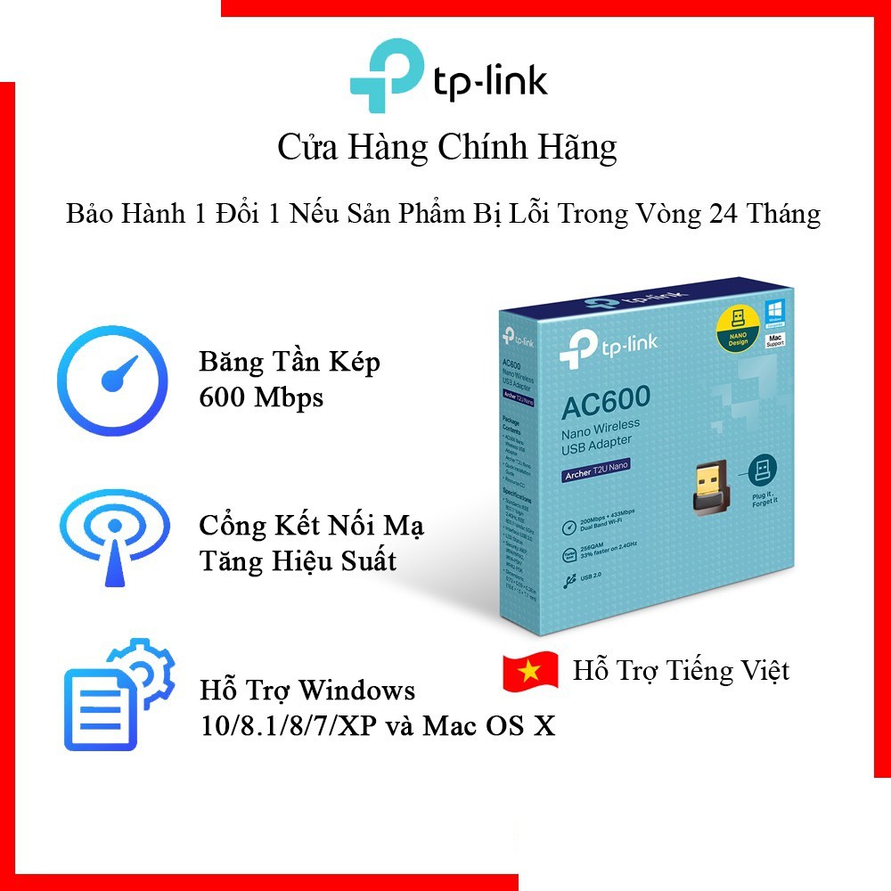 USB Thu Sóng Wifi Tplink T2U Nano Băng Tần Kép Chuẩn AC Archer AC600 Thu Wifi Không Dây Cho Máy Tính Pc Laptop