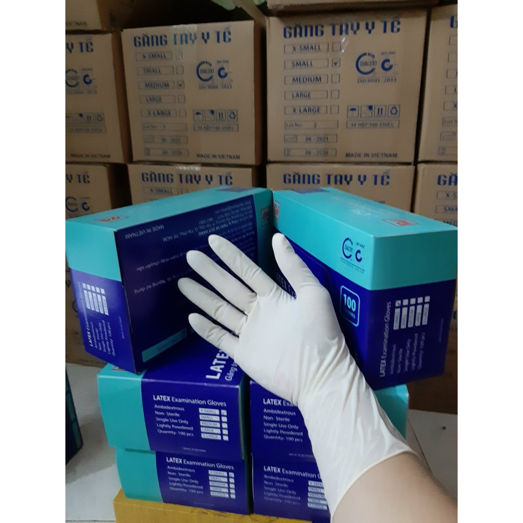 Thùng Găng tay y tế Duy Hàng có bột  - thùng 10 hộp Găng tay y tế  Duy Hàng cao su thiên nhiên LATEX Hộp 50 đôi(100 cái)
