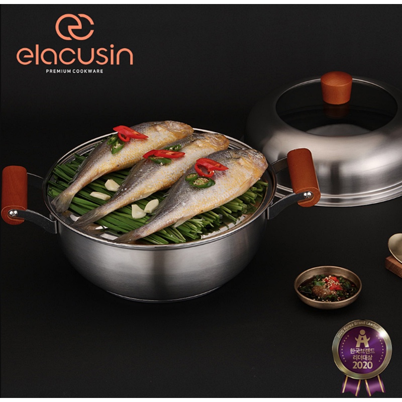 Nồi Hầm Chậm Elacuisin Tất Cả Bằng Thép Không Gỉ 26cm với Nắp Kính Vòm IH Induction Korea Premium Cookware