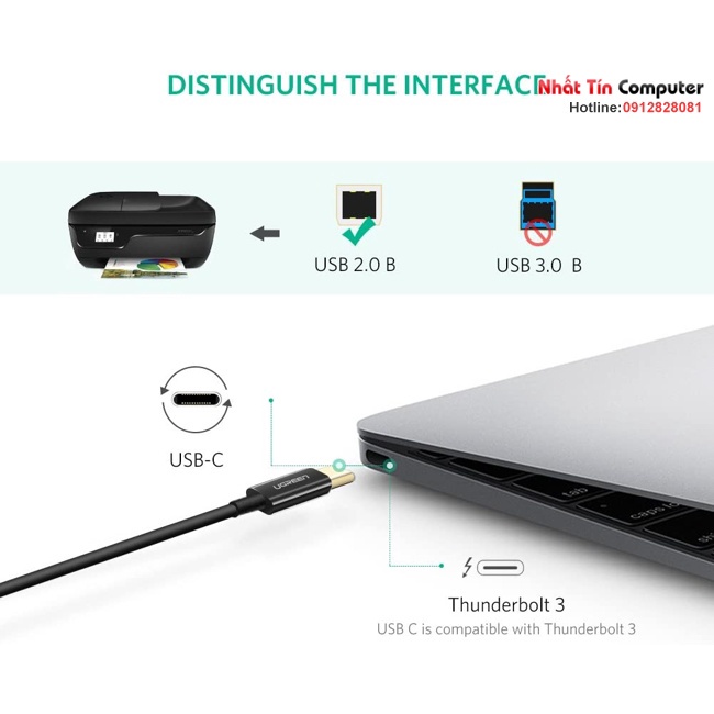 Cáp máy in USB 2.0 Type-C to USB Type-B dài 2M Ugreen 50446