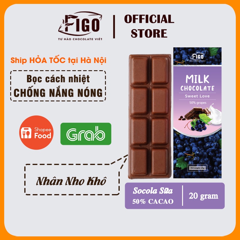 [Chính hãng] Bar 20gr- Milk Chocolate, Kẹo Socola sữa 50% Cacao nhân Nho khô, giòn thơm,tan ngay trong miệng, chất lượng
