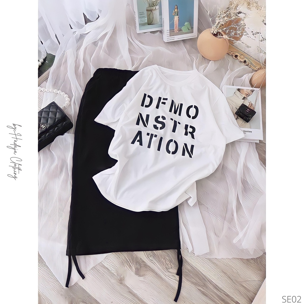 Set 2 món 🖤 áo tay ngắn in chữ Hàn Quốc và chân váy rút dây 2 bên dáng ôm siêu xinh dạo phố sang chảnh thời trang SE02