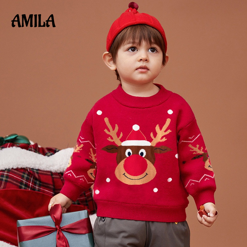 Áo sweater dệt kim AMILA họa tiết tuần lộc phong cách giáng sinh thời trang dễ thương cho bé trai