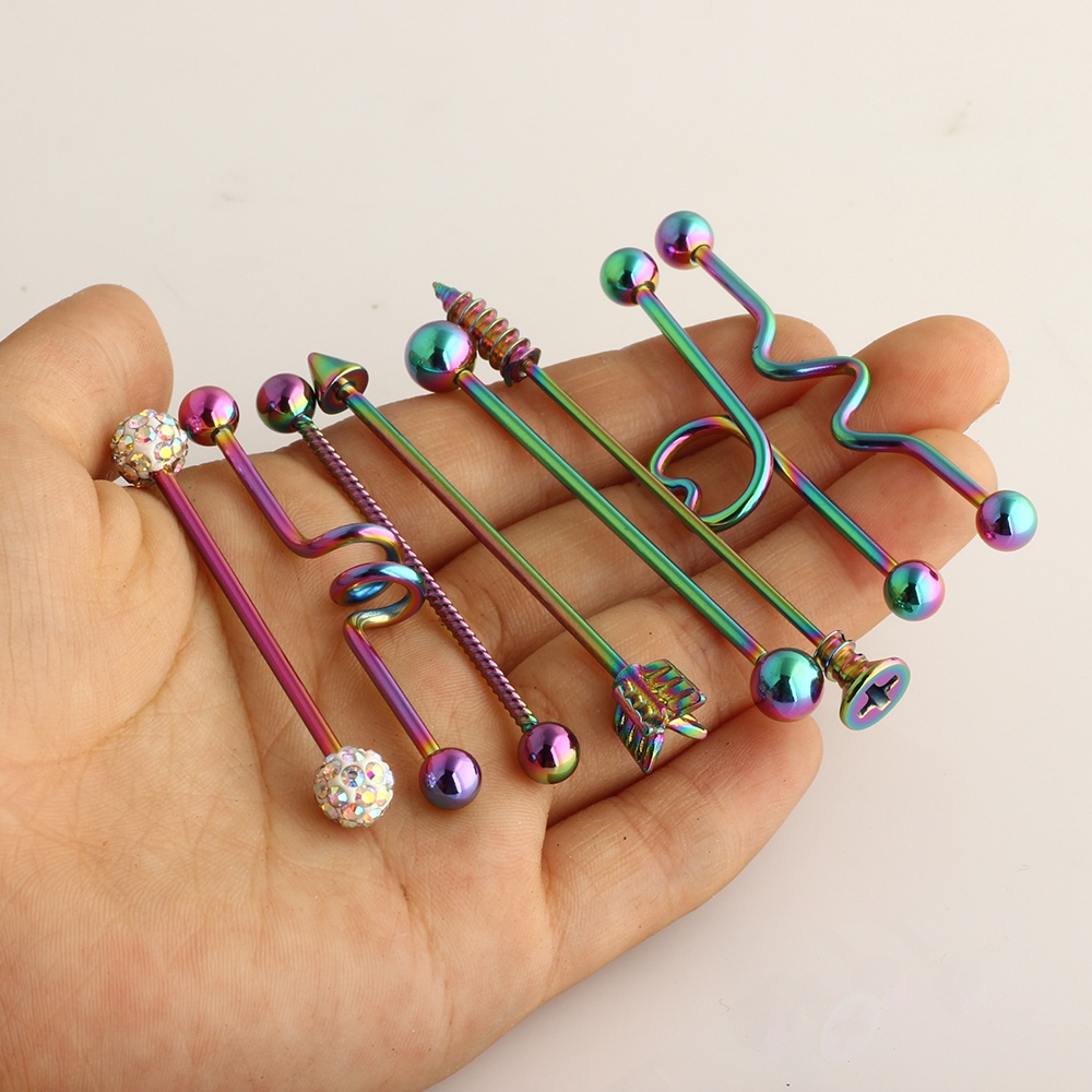 Set 8 Khuyên Tai 14G Màu Cầu Vồng Bằng Thép Không Gỉ