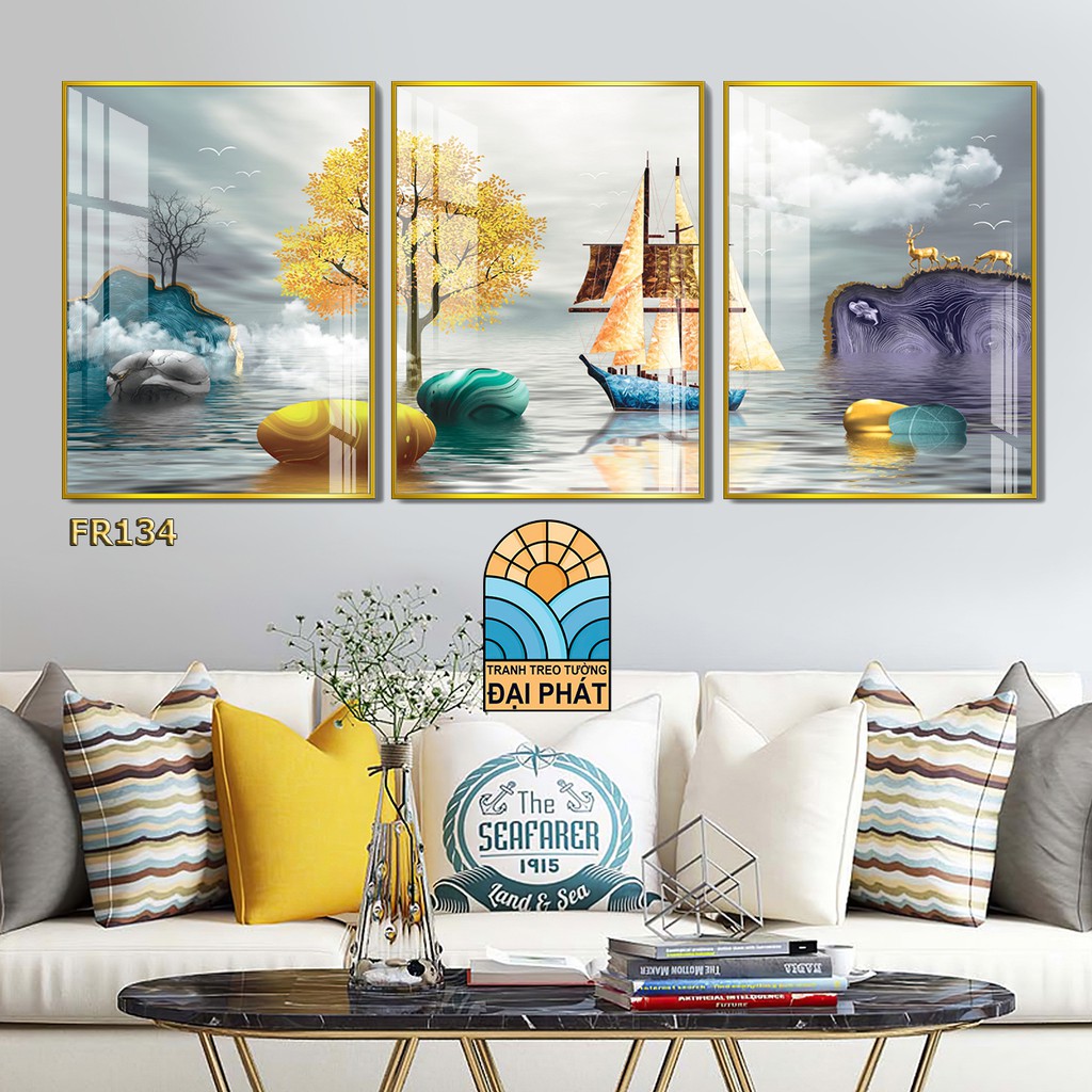 Bộ 3 tranh treo tường tone vàng kim tiền phong thủy treo tết