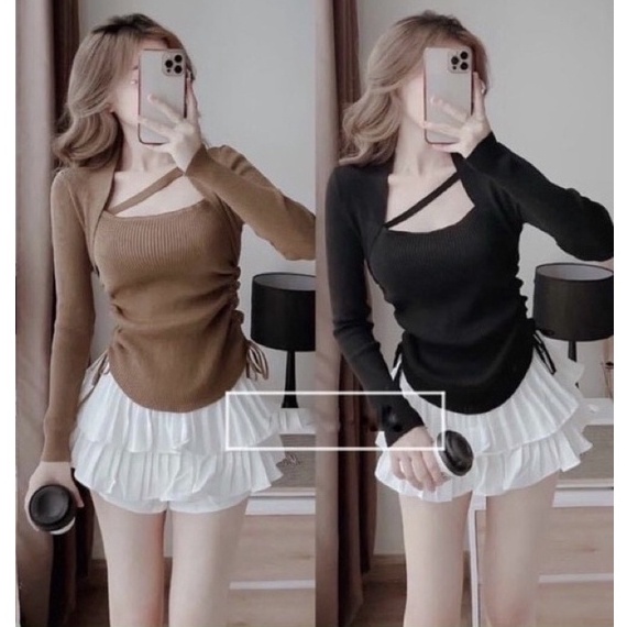 Áo croptop nữ kiểu rút dây eo chất vải thun tay dài