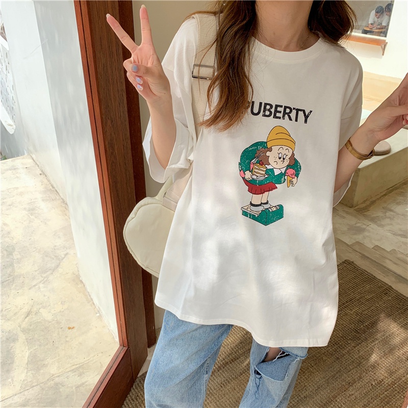 Áo Thun Tay Ngắn Cổ Tròn In Họa Tiết Hoạt Hình Phong Cách Hàn Quốc