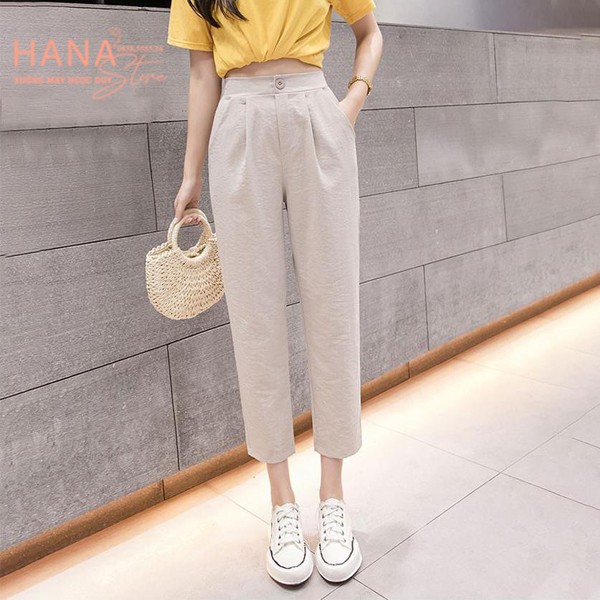 Quần baggy nữ đũi dáng dài tây âu cạp cao vải đen trắng be