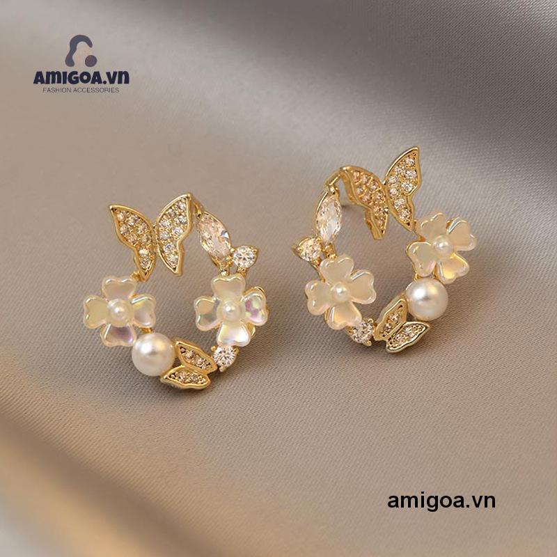 ✨✨Bông tai mạ bạc 925 hình hoa và bướm đính ngọc trai thời trang