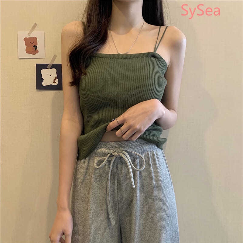 Áo Hai Dây Dệt Kim Màu Sắc Đơn Giản Phong Cách Retro Cho Nữ