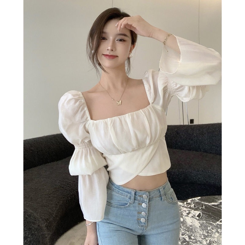 COZOK Áo Croptop Cổ Vuông Tay Loe Thắt Nơ Eo Dễ Thương