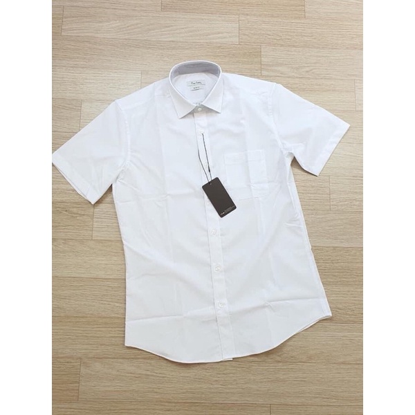 Áo sơ mi nam trắng thêu tay Pierre Cardin xuất dư xịn dáng regular vạt bầu trắng tinh mịn không nhăn
