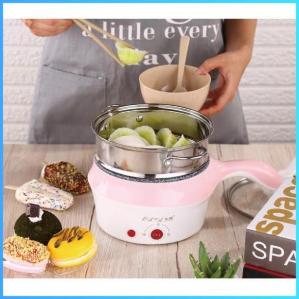 Nồi Lẩu Điện Mini,Ca Nấu Mì Đa Năng 2 Tầng Cao Cấp 18cm - Kèm Giá Hấp,Có Tay Cầm Tiện Dụng