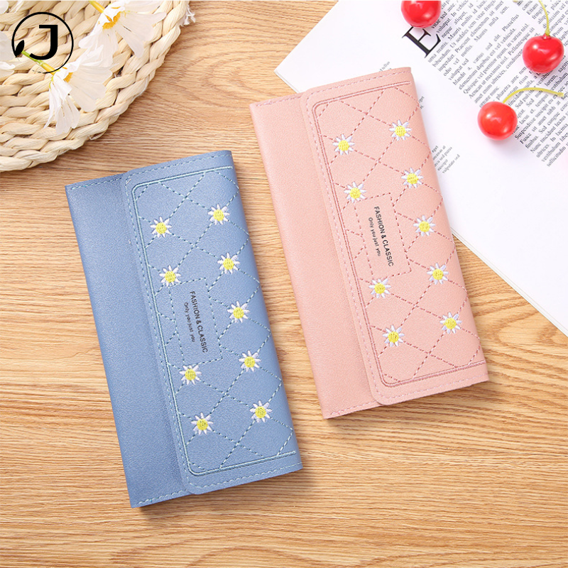 Women Long Wallet Fold Handheld Cheap Pretty Leather Multiple Compartments Heart Embroidery Zip Phone Purse