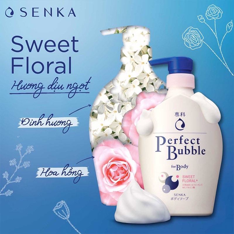 Senka Sữa tắm dưỡng ẩm hương hoa hồng và đinh hương Perfect Bubble For Body Sweet Floral 500ml