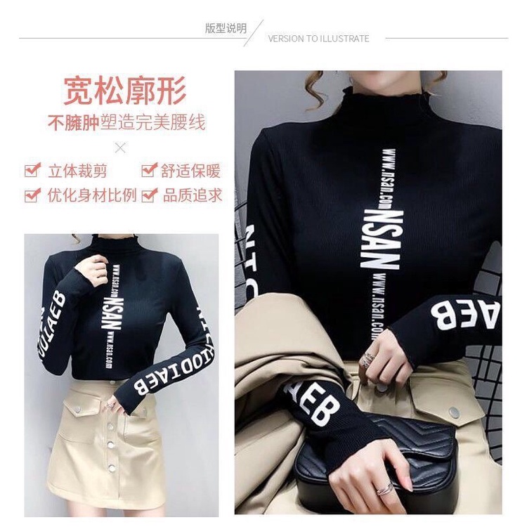 Áo Thun Tay Dài Dáng Ôm Cổ Cao Co Giãn Tốt In Họa Tiết Xinh Xắn Cho Nữ