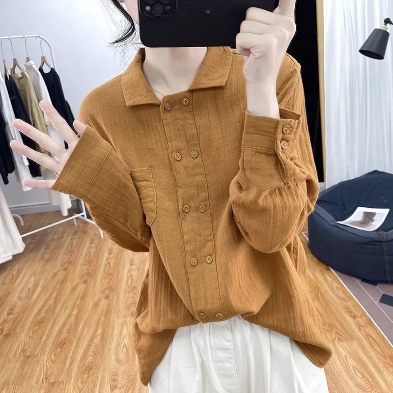 Áo Sơ Mi Cotton Tay Dài Cổ Bẻ Dáng Rộng Thời Trang Công Sở Phong Cách Hàn Quốc Cho Nữ