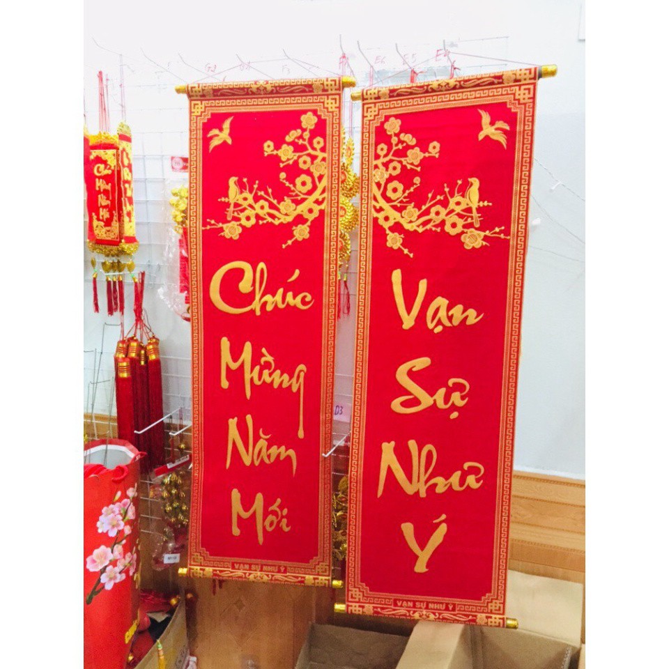 sỉ 10 đôi câu đối đỏ, liễng trang trí tết 35x100cm in chữ Việt Nam làm từ vải nhung đẹp