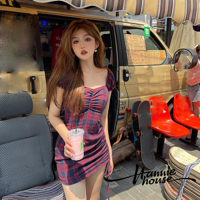 Đầm tay ngắn dây rút họa tiết sọc caro thời trang cho nữ