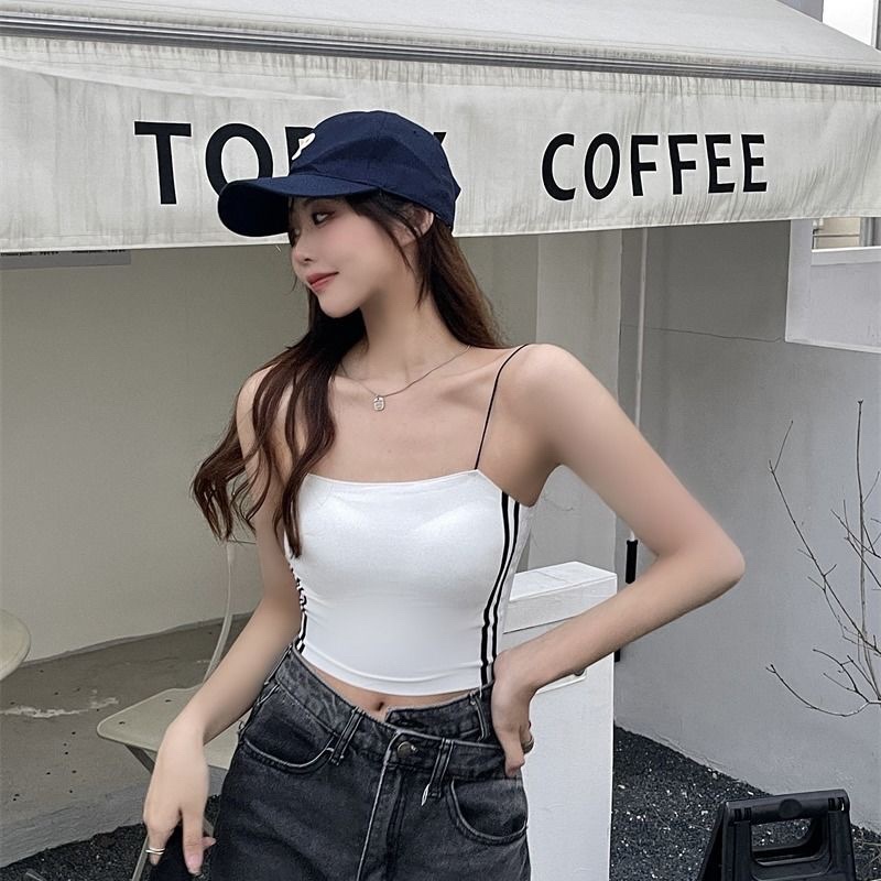 Áo Hai Dây Croptop Sọc Thể Thao Nữ Màu Đen Trắng Chất Đúc Không Viền Có Mút Đệm Ngực Tôn Dáng Siêu Co Dãn