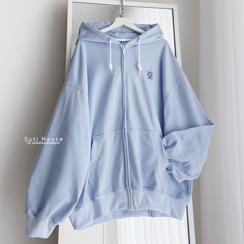 Áo Hoodie Zip ICON Unisex Màu Xanh Dương Blue Pastel Tay Bồng Phong Rộng - Suti House