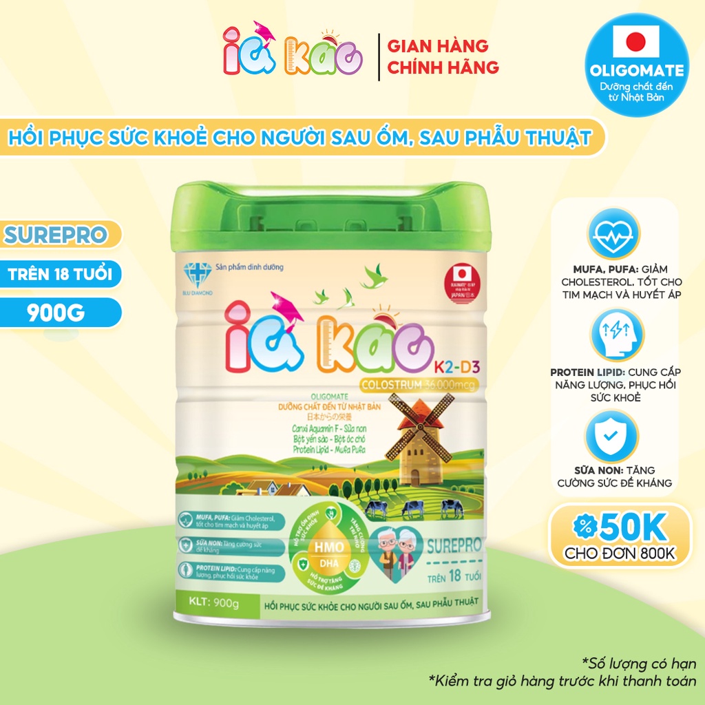Sữa bột IQ KAO SURE PRO dành cho người mới ốm dậy, người cần phục hồi sức khỏe hộp 900g