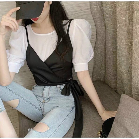 áo kiểu tay phồng xinh xắn phối kiểu yếm nơ cột eo xinh xắn