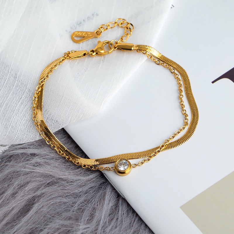 Vòng Tay Hai Lớp Bằng Thép Titan Đính Kim Cương Giả Cao Cấp Phong Cách Mới Đơn Giản Thời Trang Dành Cho Nữ