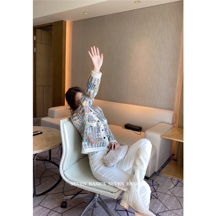 Áo cardigan dệt kim kẻ sọc màu cầu vồng thời trang mùa thu cho nữ | BigBuy360 - bigbuy360.vn