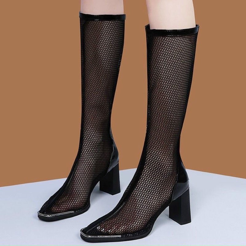 Bốt lưới mũi da vuông gót 7cm 2 kiểu ngắn dài Fullbox 834J