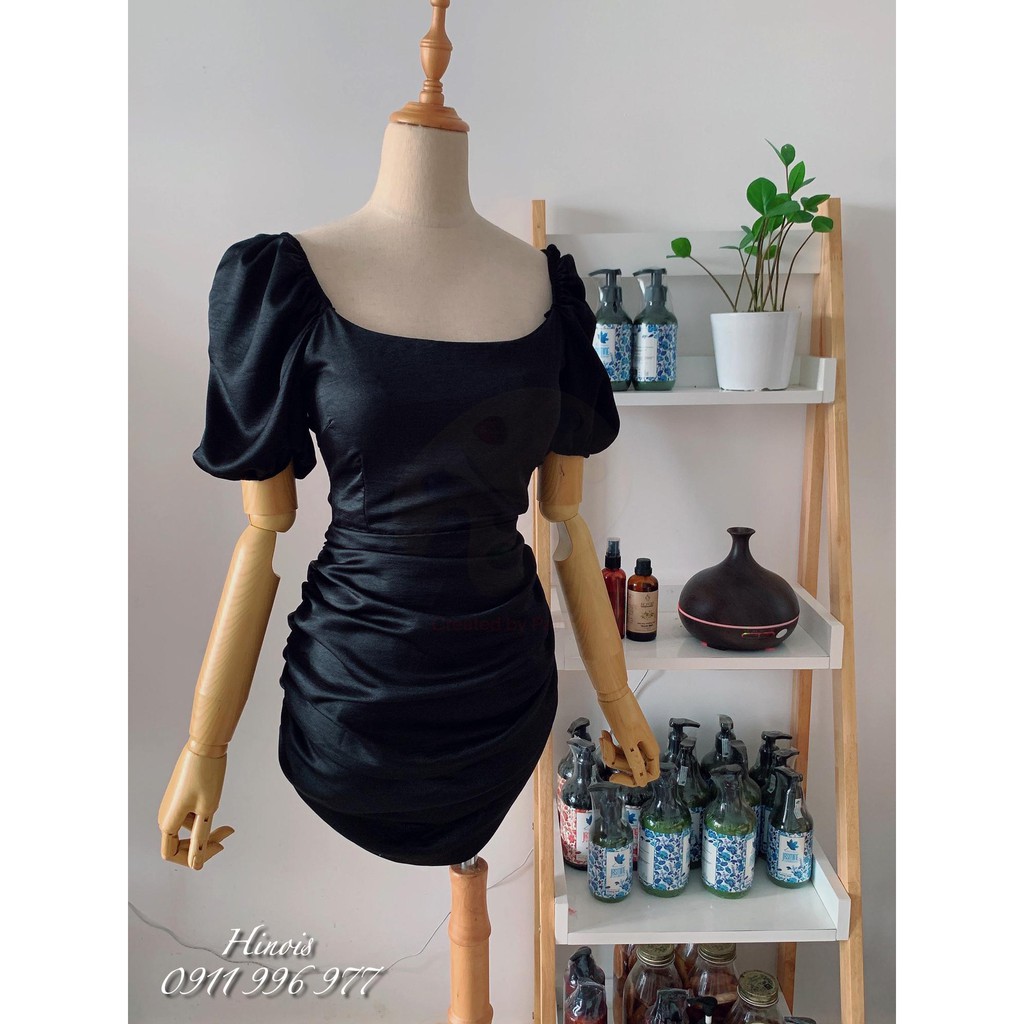 Váy Body Màu Đen 🌸 Đầm Dự Tiệc Hở Lưng Chất Lụa CÓ MÚT NGỰC Tay Phồng Cổ Vuông HỢP MỐT , Dây Đan Chéo Lưng Sexy | BigBuy360 - bigbuy360.vn