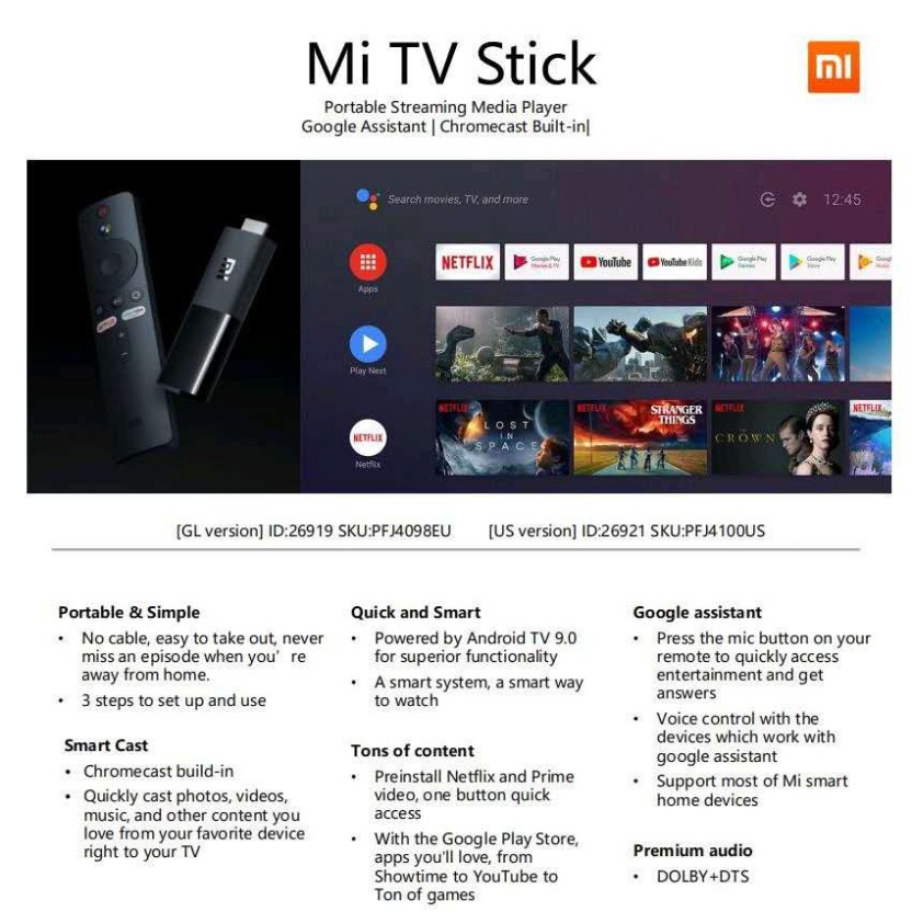 XẢ LỖ (Chính Hãng Xiaomi) Xiaomi Mi TV Stick 2K HDR Lõi Tứ Dolby DTS HD Giải Mã Kép Android 9.0 Làm Việc Với Google Assi