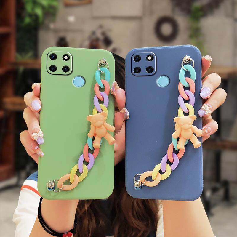 Ốp điện thoại họa tiết gấu có dây đeo bảo vệ ống kính máy ảnh cho OPPO Realme C21Y/C25Y