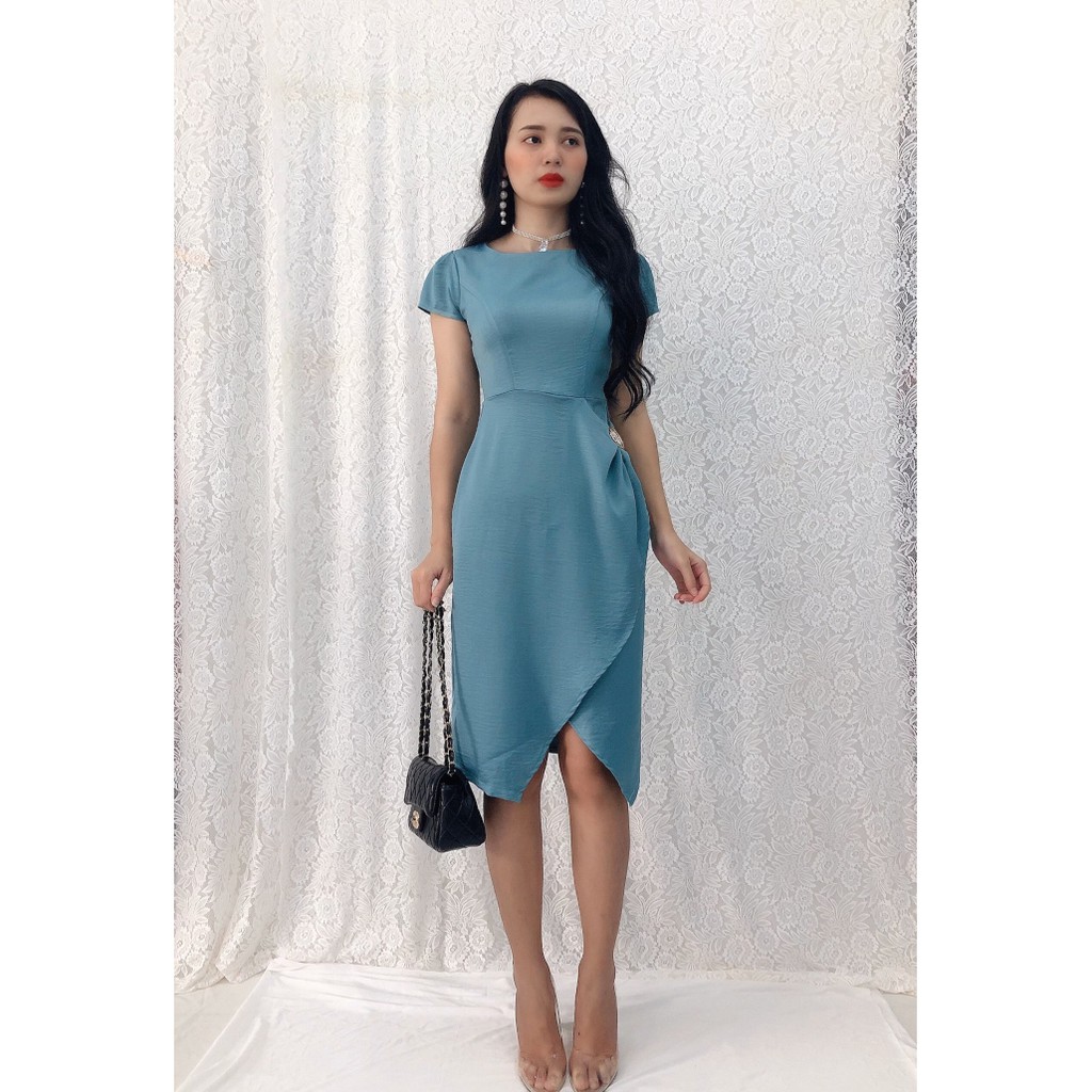 Đầm ôm suông dự tiệc S&amp;M tùng đắp chéo cài hoa siêu xinh GR132