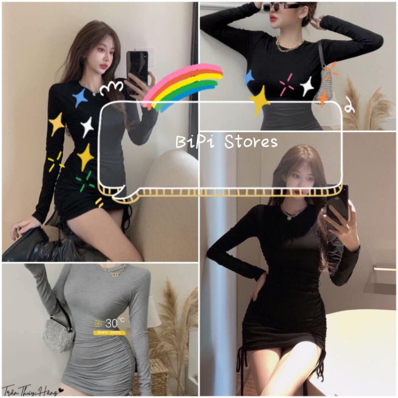 ( Hàng Quảng Châu ) Váy body dài tay, rút hông dành cho mùa Thu Đông chất liệu nỉ ngoại siêu mềm mịn