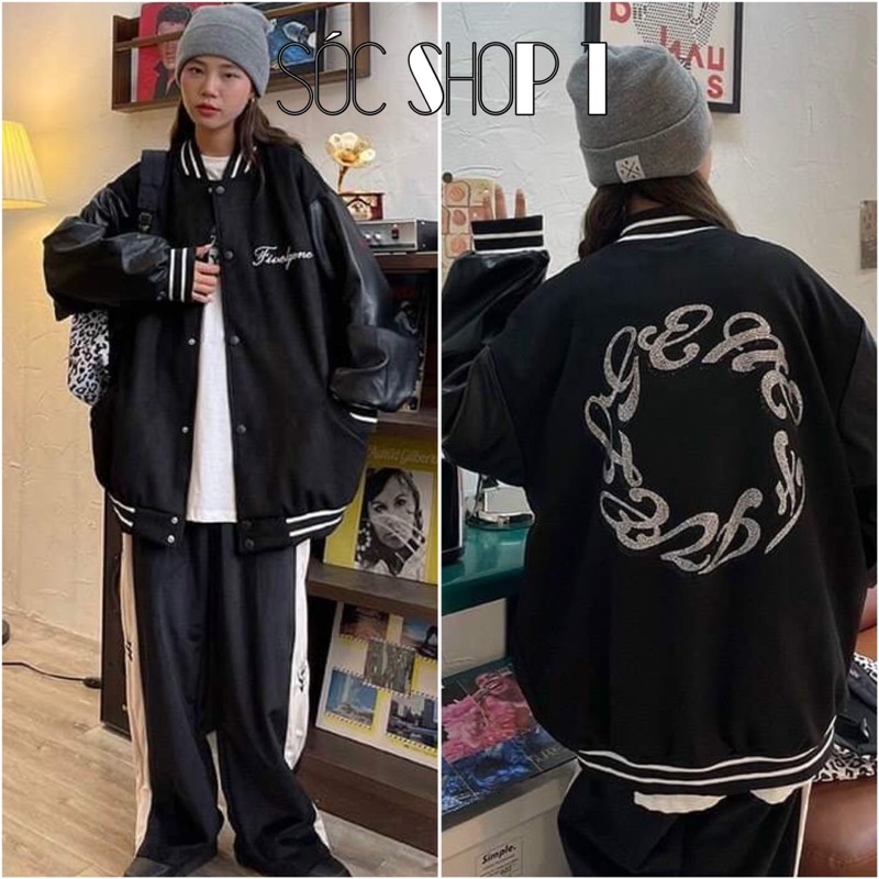 Áo Khoác Bomber Tay Da Chữ Ký Ngực Form Rộng Unisex