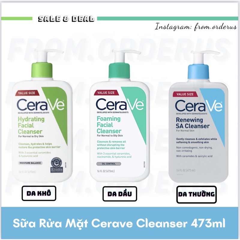 [BẢN MỸ] Sữa Rửa Mặt Dịu Nhẹ CERAVE Hydrating / Foaming Cho Da Khô / Da Dầu 473ml