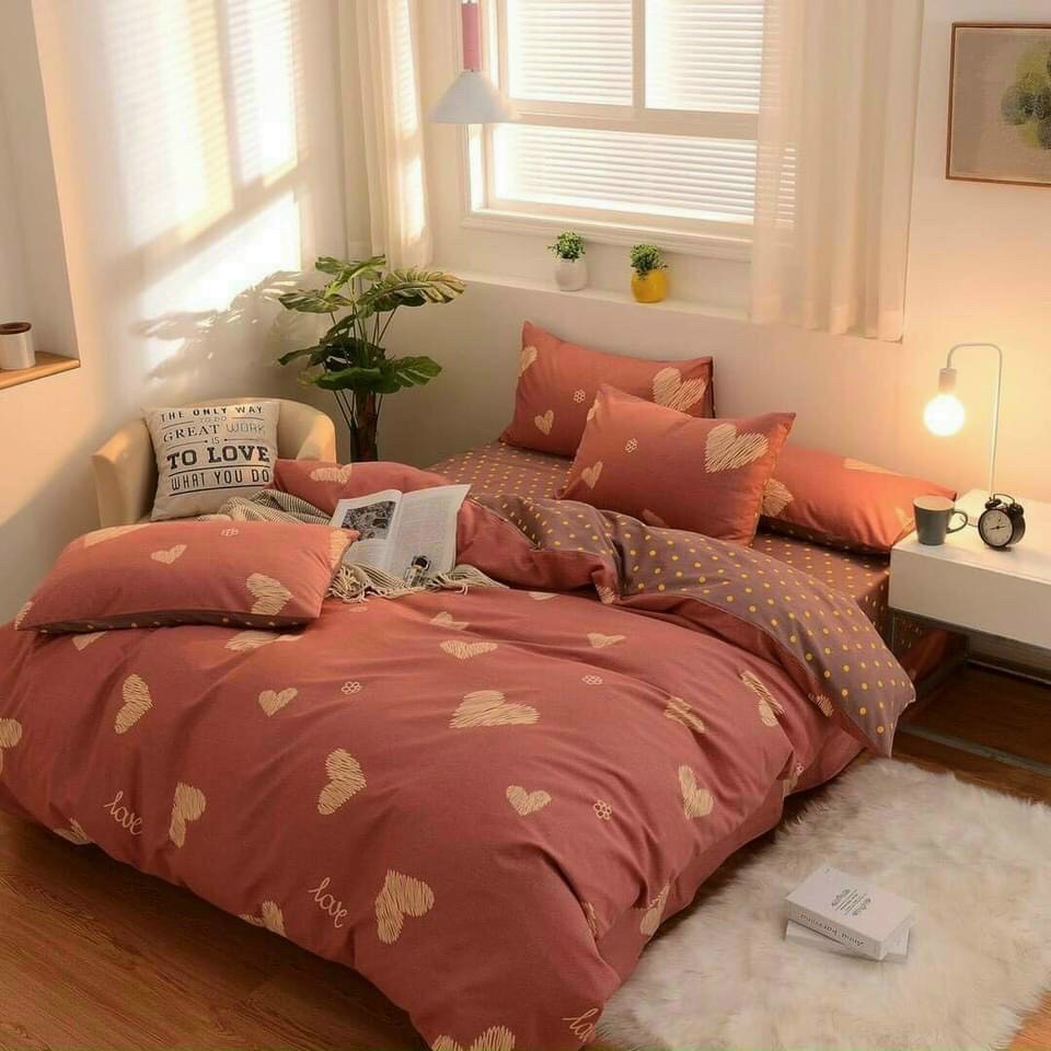 Bộ chăn ga gối cotton poly cao cấp mẫu-tim hồng siêu cưte giá tốt