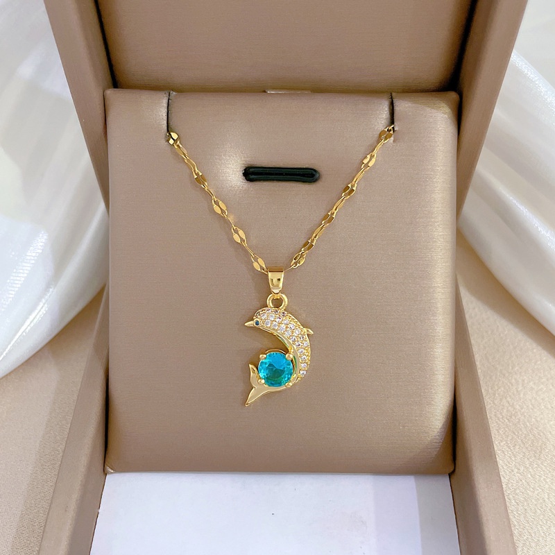 Dây Chuyền Thép Titan Mặt Hình Cá Heo Đính Đá Zircon Xanh Dương Phong Cách Retro Cho Nữ