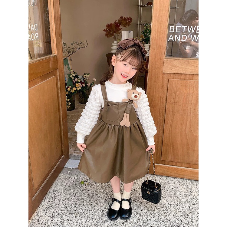 Váy thu đông dài tay cho bé gái, váy yếm da kèm áo cotton tay xốp bồng TĂNG GẤU siêu xinh cho bé