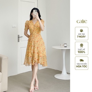 Váy hoa tà lệch phối bèo trẻ trung dáng suông tôn dáng Calie VM046