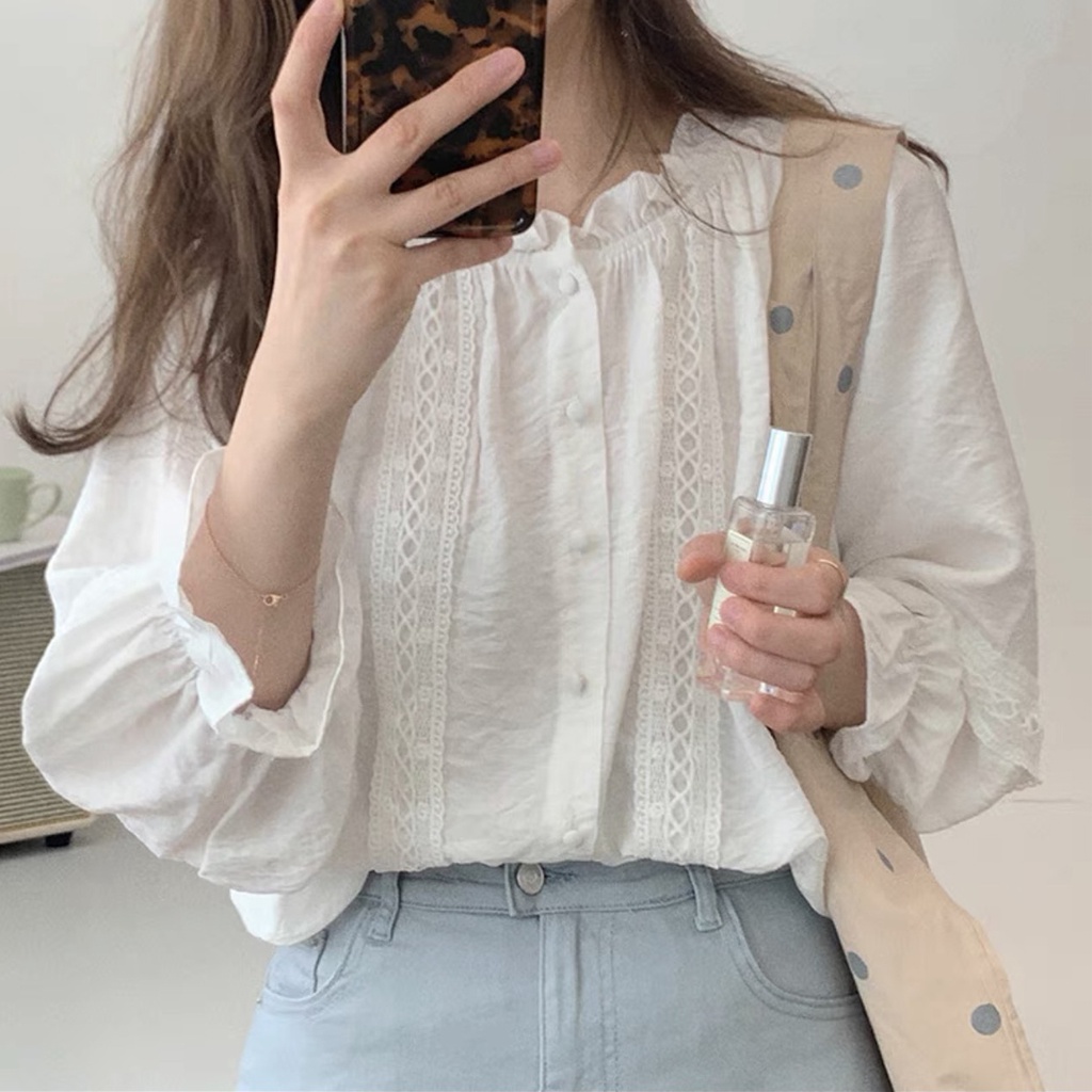 Áo Sơ Mi Kiểu Nữ Ulzzang, Áo Sơ Mi Cổ Bèo Phối Ren Bên Tiểu Thư Xinh Xắn