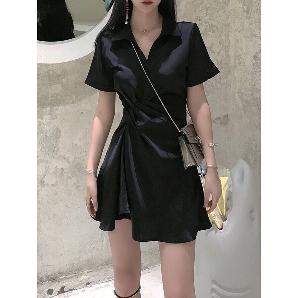 Đầm sơ mi nhún eo phong cách kiểu Tây chanh xả-HC107.Ảnh thật 3 hình cuối