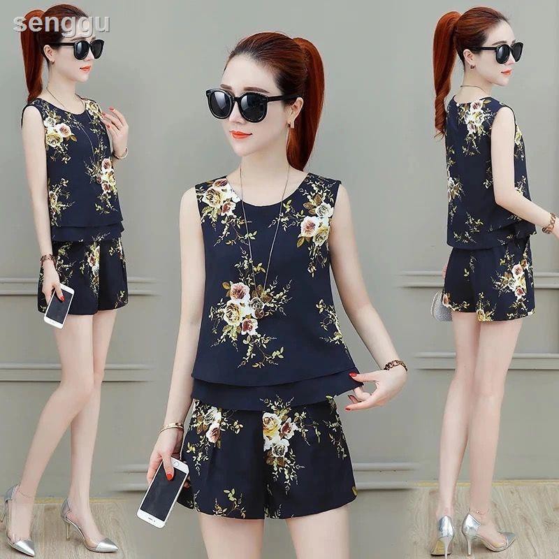 Bộ Áo Chiffon Không Tay + Quần ngắn ống rộng Phong Cách Phương Tây Thời Trang Mùa Hè Mới Cho Nữ 2021