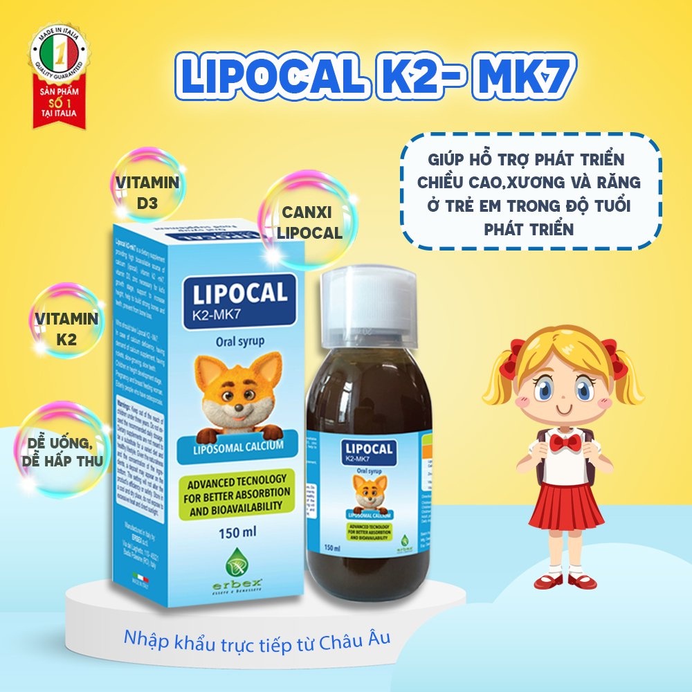 Lipocal K2 MK7 bổ sung D3 Canxi Kẽm cho bé giúp tăng chiều cao xương răng chắc khỏe Lọ 150ml