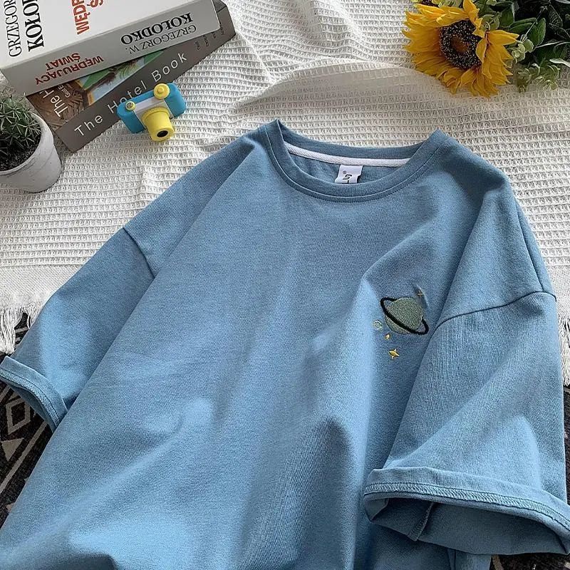 Áo Thun Tay Ngắn Dáng Rộng Thêu Hình Hành Tinh Kiểu Nhật Bản Thời Trang Mùa Hè 2022 Cho Nữ