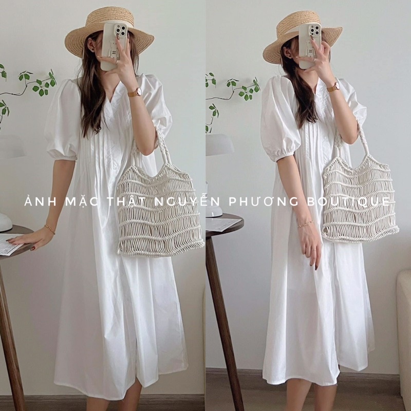 Đầm sơ mi cổ V dập ly ngực dáng dài siêu xinh 3 màu