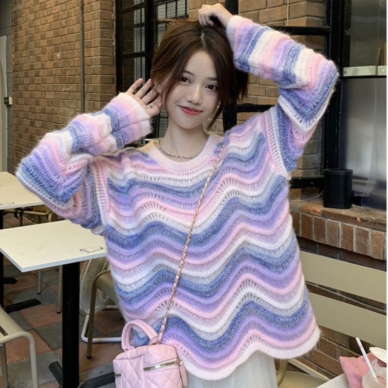 Áo Sweater Dệt Kim Tay Dài Khoét Lỗ Họa Tiết Kẻ Sọc Nhiều Màu Thời Trang Mùa Thu Phong Cách Phương T